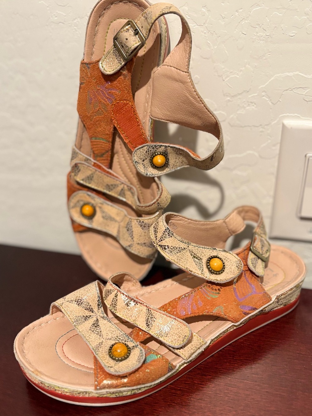 Spring Step Beige and Orange Strappy Leather Sandals